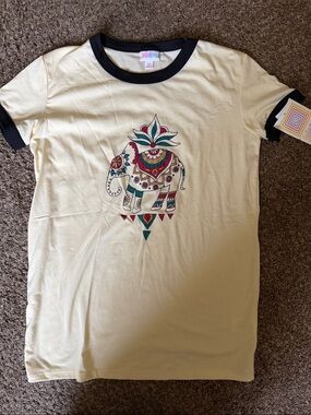 LuLaRoe Cream Ringer Tee with Multicolor Elephant Graphic